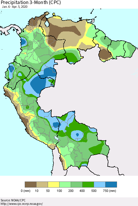 Northern South America Precipitation 3-Month (CPC) Thematic Map For 1/6/2020 - 4/5/2020