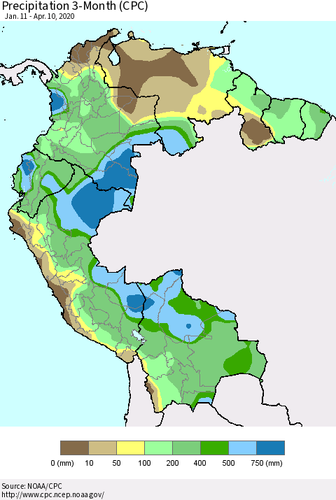 Northern South America Precipitation 3-Month (CPC) Thematic Map For 1/11/2020 - 4/10/2020