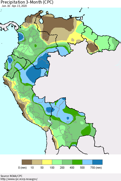Northern South America Precipitation 3-Month (CPC) Thematic Map For 1/16/2020 - 4/15/2020