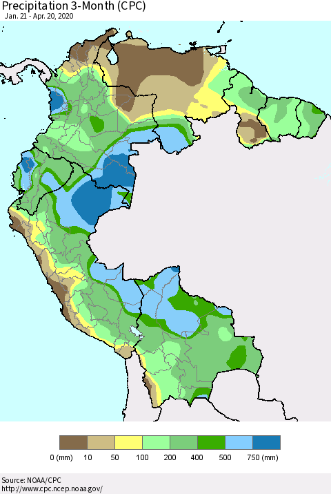 Northern South America Precipitation 3-Month (CPC) Thematic Map For 1/21/2020 - 4/20/2020