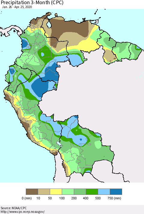 Northern South America Precipitation 3-Month (CPC) Thematic Map For 1/26/2020 - 4/25/2020