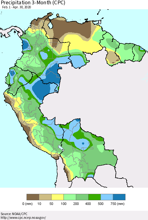 Northern South America Precipitation 3-Month (CPC) Thematic Map For 2/1/2020 - 4/30/2020