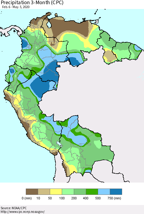 Northern South America Precipitation 3-Month (CPC) Thematic Map For 2/6/2020 - 5/5/2020