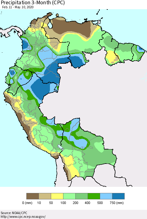 Northern South America Precipitation 3-Month (CPC) Thematic Map For 2/11/2020 - 5/10/2020
