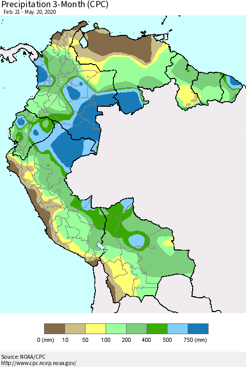 Northern South America Precipitation 3-Month (CPC) Thematic Map For 2/21/2020 - 5/20/2020