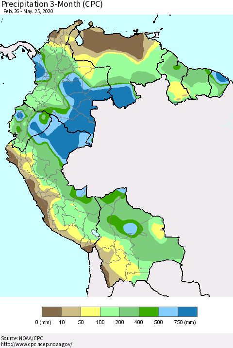 Northern South America Precipitation 3-Month (CPC) Thematic Map For 2/26/2020 - 5/25/2020