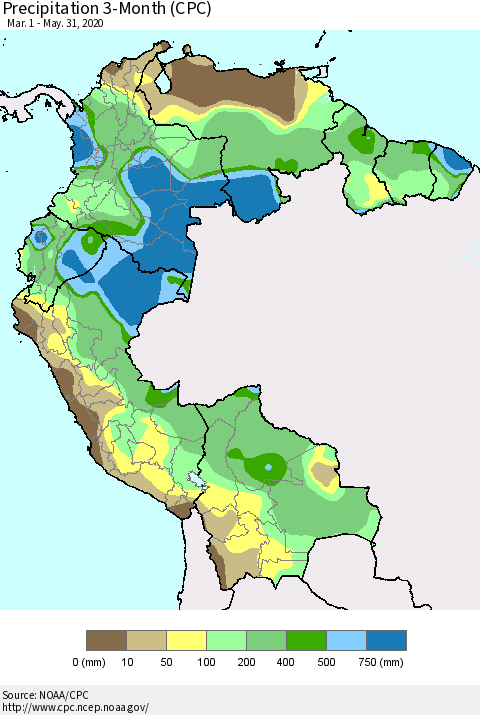 Northern South America Precipitation 3-Month (CPC) Thematic Map For 3/1/2020 - 5/31/2020