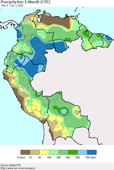 Northern South America Precipitation 3-Month (CPC) Thematic Map For 3/6/2020 - 6/5/2020