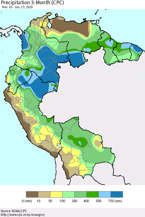 Northern South America Precipitation 3-Month (CPC) Thematic Map For 3/16/2020 - 6/15/2020