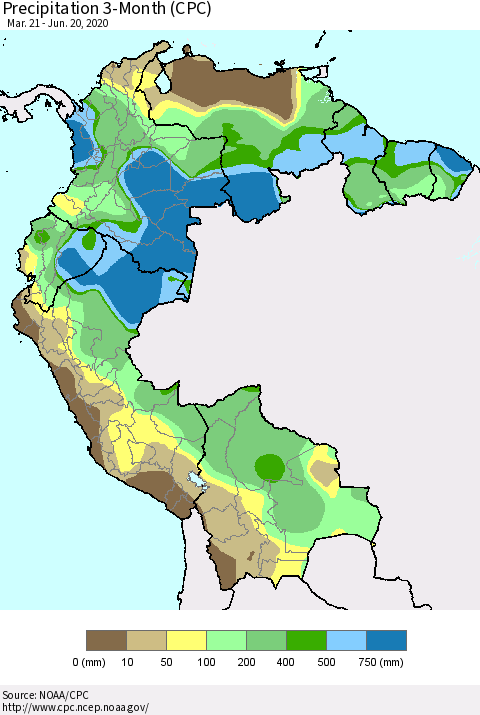 Northern South America Precipitation 3-Month (CPC) Thematic Map For 3/21/2020 - 6/20/2020