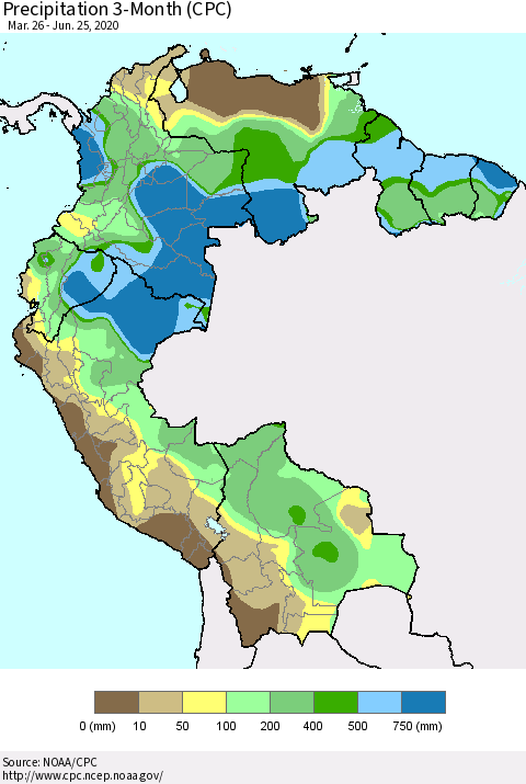 Northern South America Precipitation 3-Month (CPC) Thematic Map For 3/26/2020 - 6/25/2020