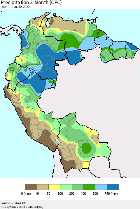 Northern South America Precipitation 3-Month (CPC) Thematic Map For 4/1/2020 - 6/30/2020