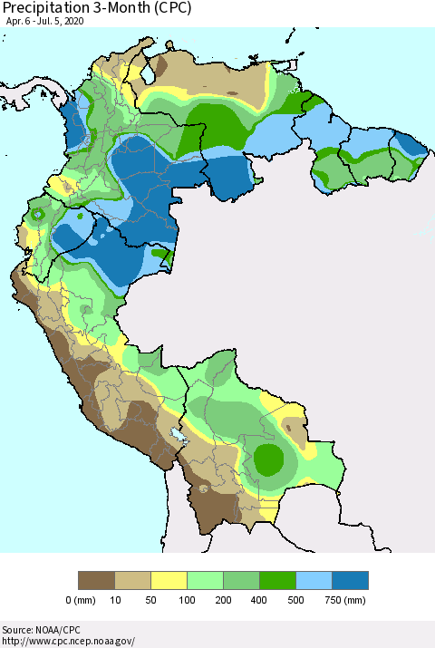Northern South America Precipitation 3-Month (CPC) Thematic Map For 4/6/2020 - 7/5/2020