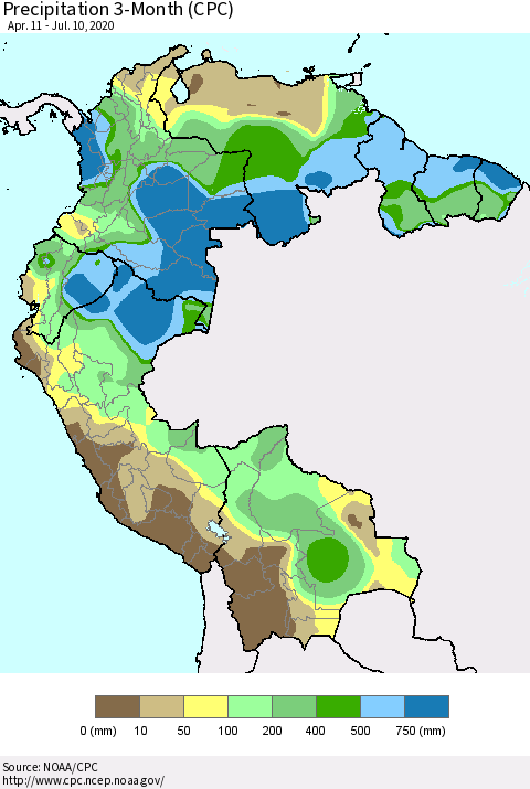 Northern South America Precipitation 3-Month (CPC) Thematic Map For 4/11/2020 - 7/10/2020