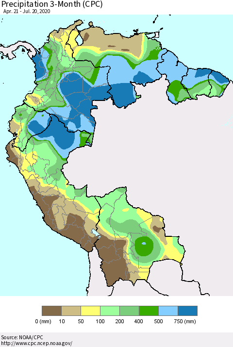 Northern South America Precipitation 3-Month (CPC) Thematic Map For 4/21/2020 - 7/20/2020
