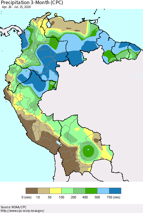 Northern South America Precipitation 3-Month (CPC) Thematic Map For 4/26/2020 - 7/25/2020