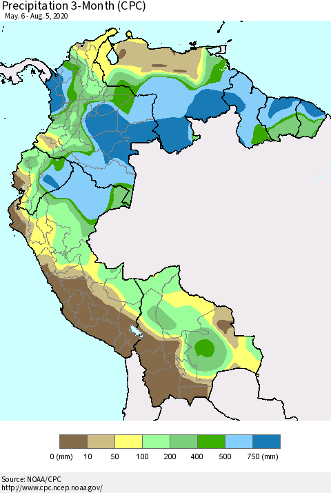 Northern South America Precipitation 3-Month (CPC) Thematic Map For 5/6/2020 - 8/5/2020