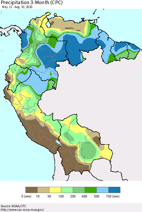 Northern South America Precipitation 3-Month (CPC) Thematic Map For 5/11/2020 - 8/10/2020