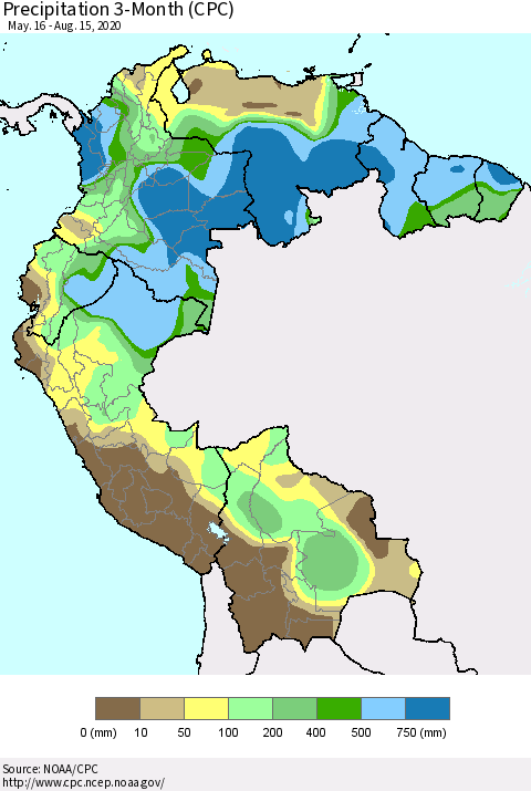 Northern South America Precipitation 3-Month (CPC) Thematic Map For 5/16/2020 - 8/15/2020