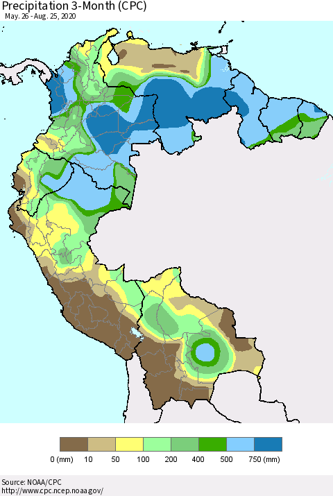 Northern South America Precipitation 3-Month (CPC) Thematic Map For 5/26/2020 - 8/25/2020