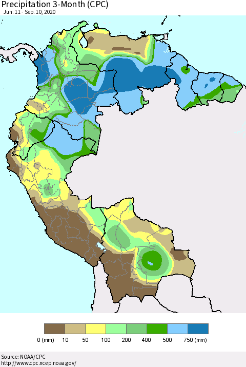 Northern South America Precipitation 3-Month (CPC) Thematic Map For 6/11/2020 - 9/10/2020