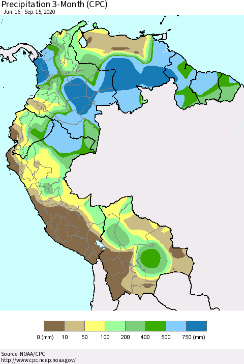 Northern South America Precipitation 3-Month (CPC) Thematic Map For 6/16/2020 - 9/15/2020