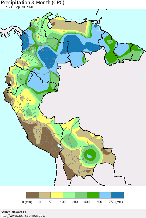 Northern South America Precipitation 3-Month (CPC) Thematic Map For 6/21/2020 - 9/20/2020