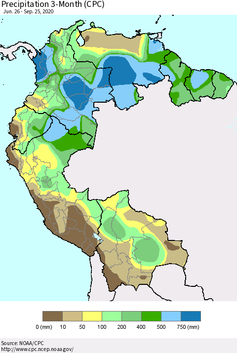Northern South America Precipitation 3-Month (CPC) Thematic Map For 6/26/2020 - 9/25/2020