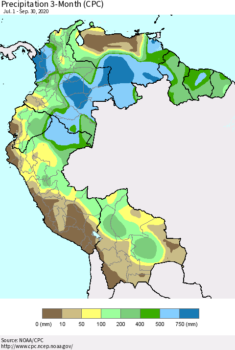 Northern South America Precipitation 3-Month (CPC) Thematic Map For 7/1/2020 - 9/30/2020