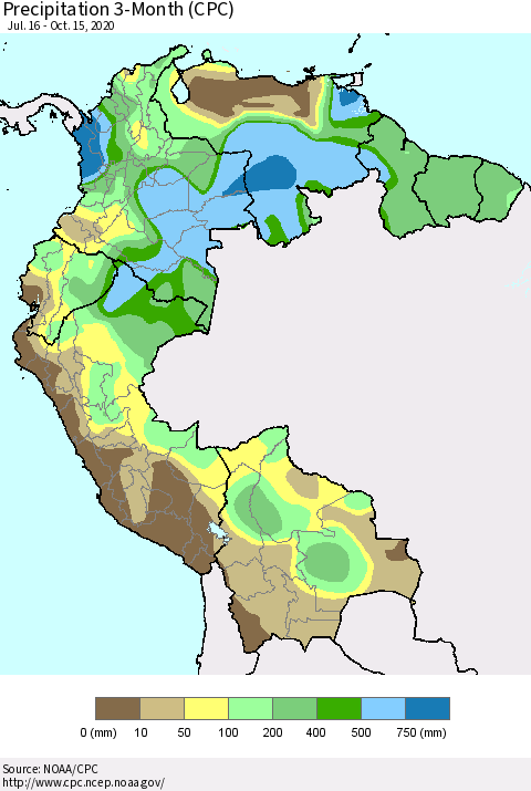 Northern South America Precipitation 3-Month (CPC) Thematic Map For 7/16/2020 - 10/15/2020