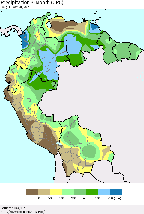 Northern South America Precipitation 3-Month (CPC) Thematic Map For 8/1/2020 - 10/31/2020