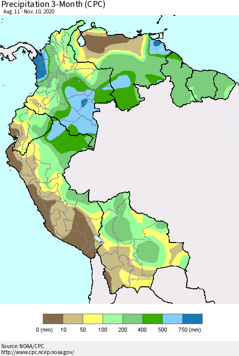 Northern South America Precipitation 3-Month (CPC) Thematic Map For 8/11/2020 - 11/10/2020