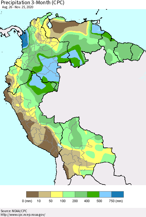 Northern South America Precipitation 3-Month (CPC) Thematic Map For 8/26/2020 - 11/25/2020