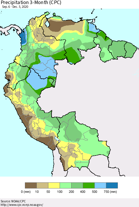 Northern South America Precipitation 3-Month (CPC) Thematic Map For 9/6/2020 - 12/5/2020
