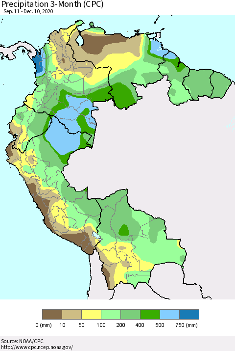 Northern South America Precipitation 3-Month (CPC) Thematic Map For 9/11/2020 - 12/10/2020