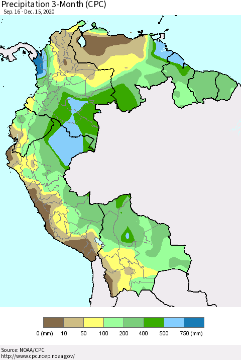 Northern South America Precipitation 3-Month (CPC) Thematic Map For 9/16/2020 - 12/15/2020