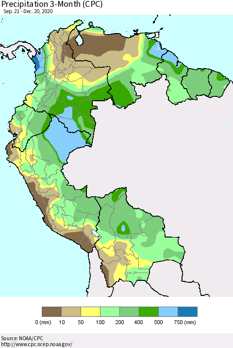 Northern South America Precipitation 3-Month (CPC) Thematic Map For 9/21/2020 - 12/20/2020