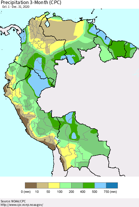 Northern South America Precipitation 3-Month (CPC) Thematic Map For 10/1/2020 - 12/31/2020