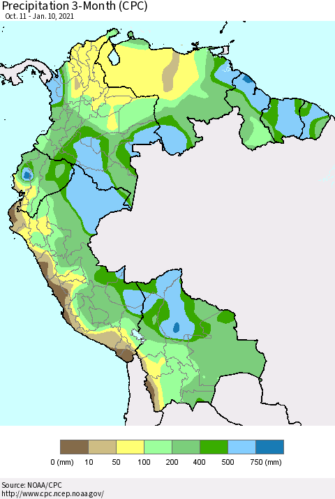 Northern South America Precipitation 3-Month (CPC) Thematic Map For 10/11/2020 - 1/10/2021