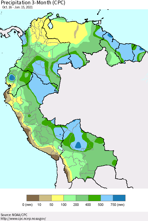 Northern South America Precipitation 3-Month (CPC) Thematic Map For 10/16/2020 - 1/15/2021