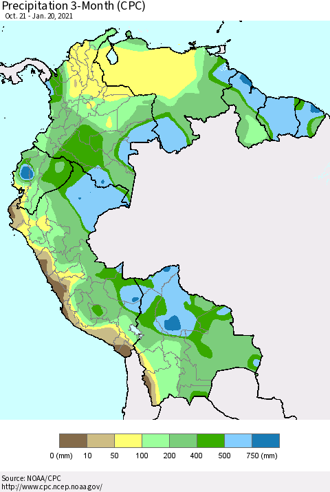 Northern South America Precipitation 3-Month (CPC) Thematic Map For 10/21/2020 - 1/20/2021