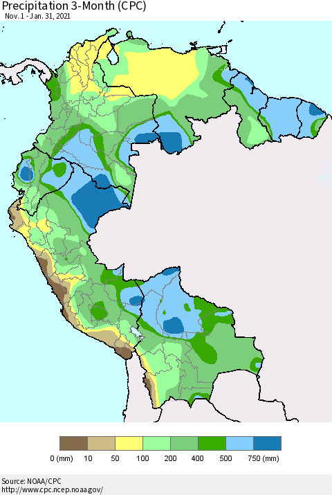 Northern South America Precipitation 3-Month (CPC) Thematic Map For 11/1/2020 - 1/31/2021