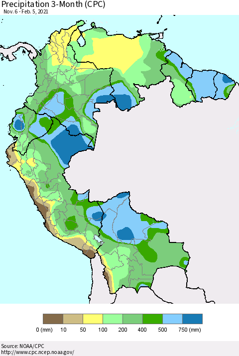 Northern South America Precipitation 3-Month (CPC) Thematic Map For 11/6/2020 - 2/5/2021