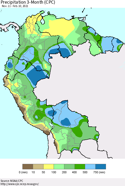 Northern South America Precipitation 3-Month (CPC) Thematic Map For 11/11/2020 - 2/10/2021