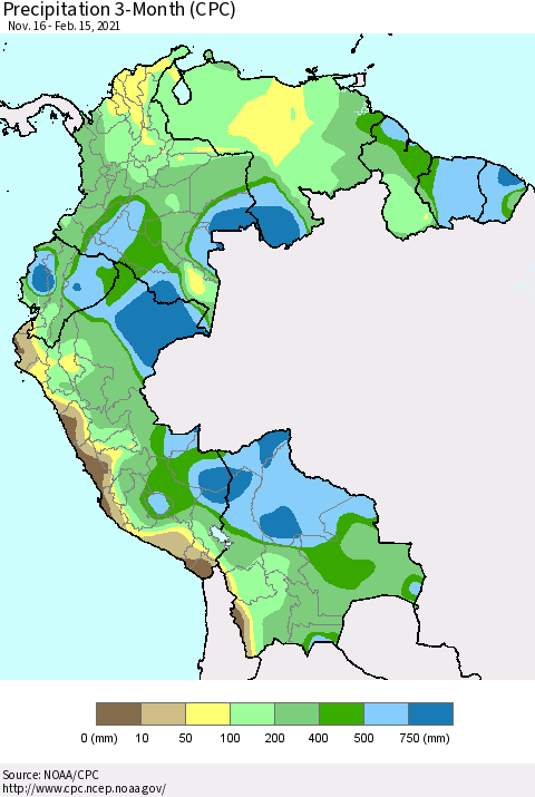Northern South America Precipitation 3-Month (CPC) Thematic Map For 11/16/2020 - 2/15/2021