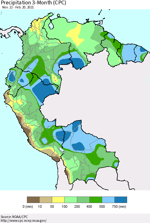 Northern South America Precipitation 3-Month (CPC) Thematic Map For 11/21/2020 - 2/20/2021