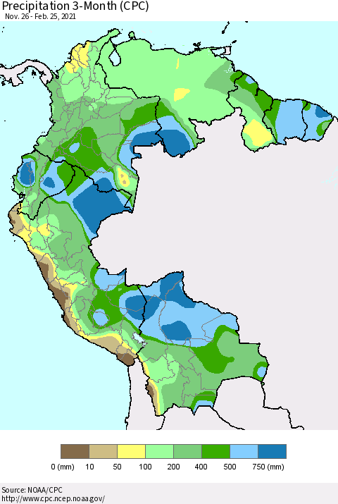 Northern South America Precipitation 3-Month (CPC) Thematic Map For 11/26/2020 - 2/25/2021