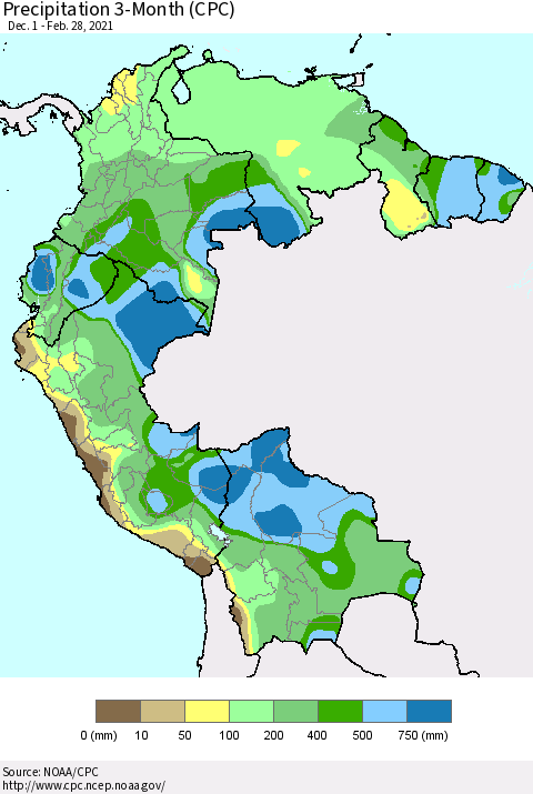 Northern South America Precipitation 3-Month (CPC) Thematic Map For 12/1/2020 - 2/28/2021