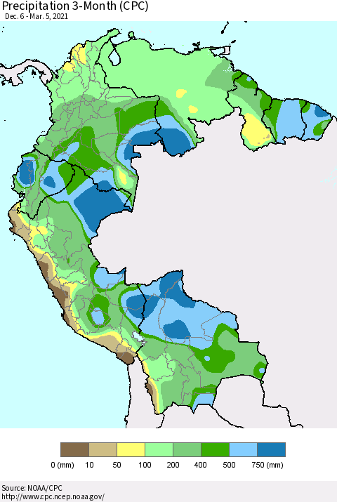 Northern South America Precipitation 3-Month (CPC) Thematic Map For 12/6/2020 - 3/5/2021