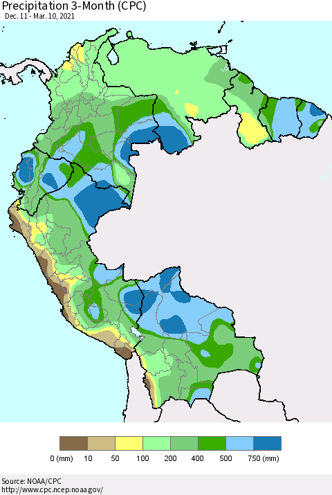 Northern South America Precipitation 3-Month (CPC) Thematic Map For 12/11/2020 - 3/10/2021